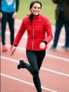 While training for the London Marathon, Kate donned this $500 Perfect Moment puffer jacket, $150 trainers and $5,000 Asprey earrings.