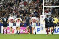 England's Courtney Lawes (6),runs on to score a try during the Rugby World Cup Pool D match between England and Japan in the Stade de Nice, in Nice, France Sunday, Sept. 17, 2023. (AP Photo/Pavel Golovkin)