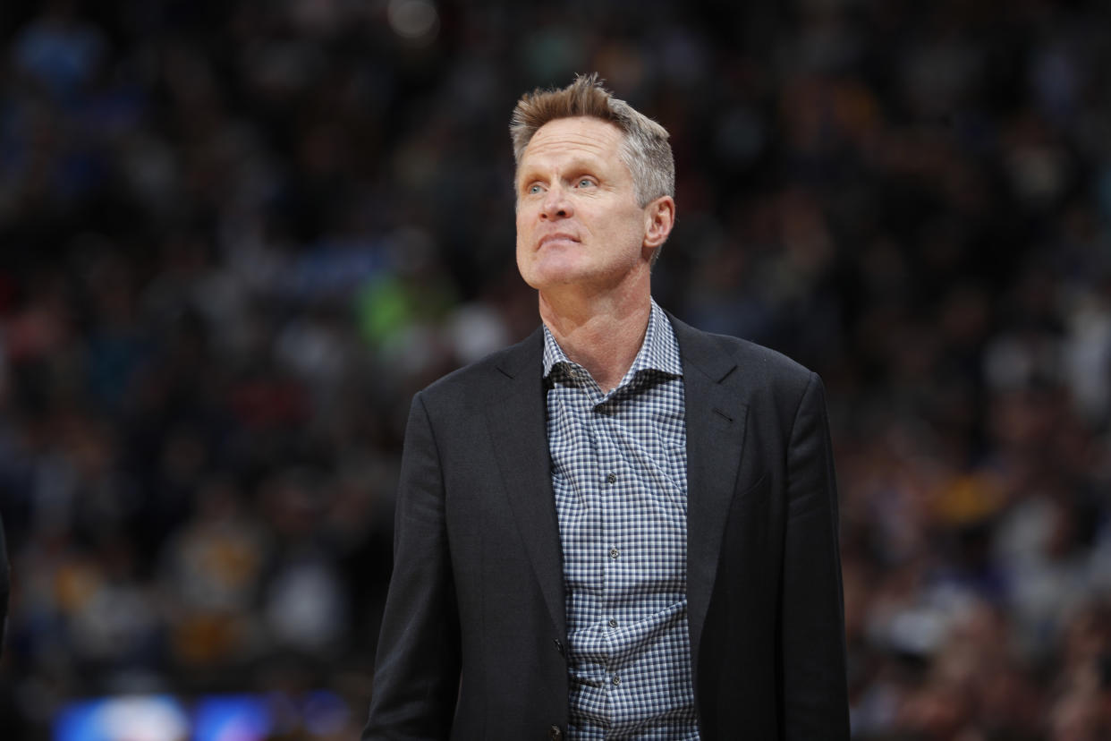 Golden State Warriors head coach Steve Kerr in the second half of an NBA basketball game Saturday, Feb. 3, 2018, in Denver. The Nuggets won 115-108. (AP Photo/David Zalubowski)