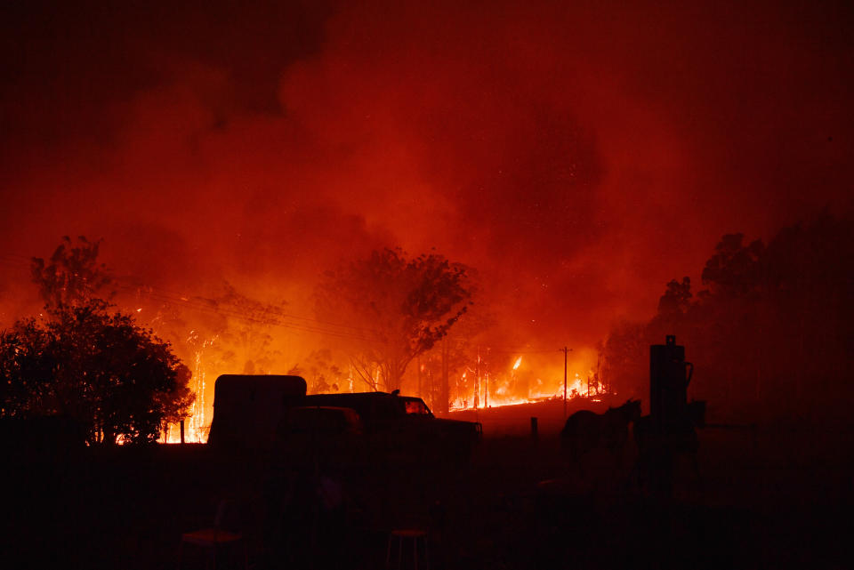 Pictured are flames from the Currowan fire near Termiel at night.