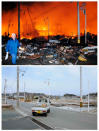 The tsunami and earthquake-hit Iwaki city in Fukushima prefecture is seen in these images taken March 11, 2011 (top) and March 7, 2012, in this combination photo released by Kyodo on March 7, 2012, ahead of the one-year anniversary of the March 11 earthquake and tsunami. Mandatory Credit REUTERS/Kyodo