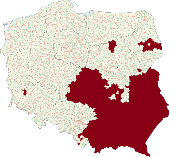 <span class="caption">LGBT free zones in Poland.</span> <span class="attribution"><span class="source">wikipedia</span>, <a class="link " href="http://creativecommons.org/licenses/by-sa/4.0/" rel="nofollow noopener" target="_blank" data-ylk="slk:CC BY-SA;elm:context_link;itc:0;sec:content-canvas">CC BY-SA</a></span>