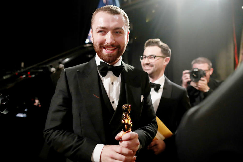 Sam Smith and songwriter Jimmy Napes winners of the Best Original Song award for 'Writing’s on the Wall’ from 'Spectre’ backstage at the 88th Annual Academy Awards at Dolby Theatre on February 28, 2016 in Hollywood, California.  