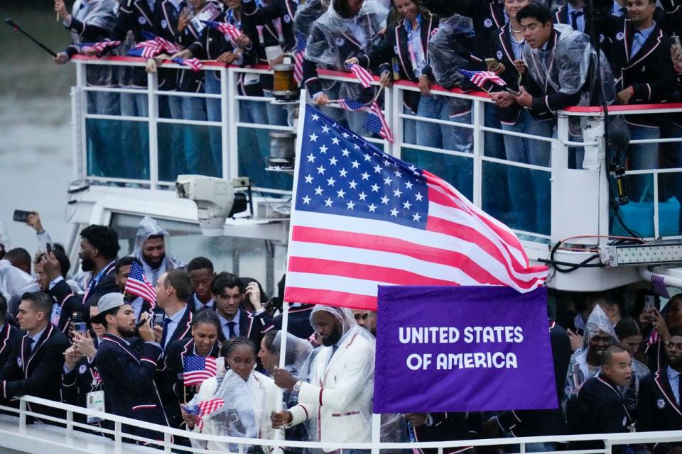 Team USA sailing on the Seine during Friday’s opening ceremony of the Olympics in Paris.