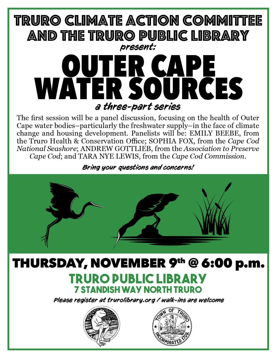 Poster for "Outer Cape Water Sources" at the Truro Public Library.