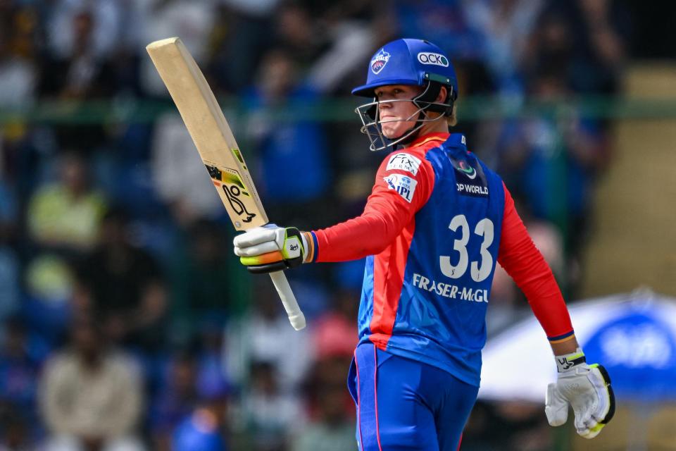 Delhi Capitals' Jake Fraser-McGurk celebrates after scoring a half-century (50 runs) during the Indian Premier League (IPL) Twenty20 cricket match between Delhi Capitals and Mumbai Indians at the Arun Jaitley Stadium in New Delhi on April 27, 2024. (Photo by Money SHARMA / AFP) / -- IMAGE RESTRICTED TO EDITORIAL USE - STRICTLY NO COMMERCIAL USE -- (Photo by MONEY SHARMA/AFP via Getty Images)