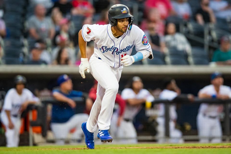 Jordan Lawlar #11 of the Amarillo Sod Poodles runs to first base against the Corpus Christi Hooks on Friday, April 14, 2023, at HODGETOWN in Amarillo, Texas.