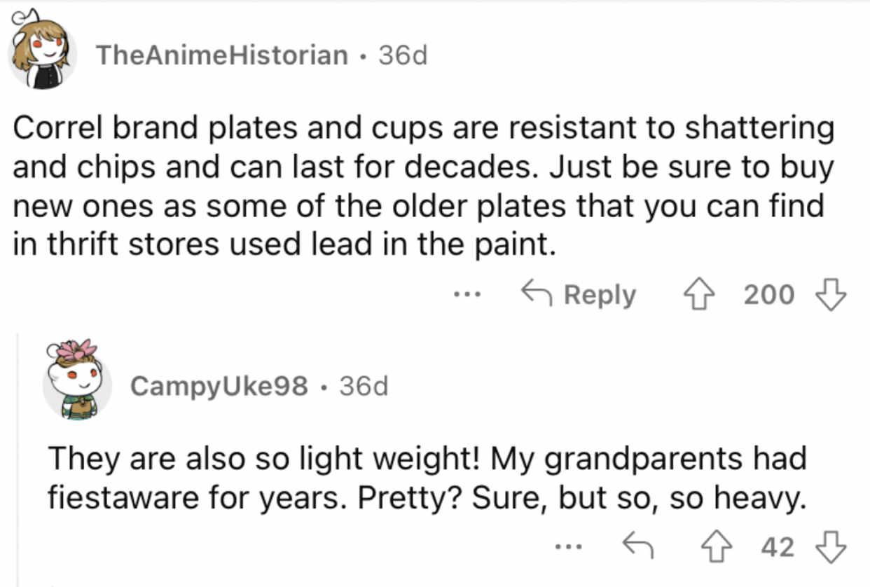 Reddit screenshot about shatter-resistant plates and cups.