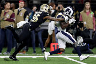 <p>Brandin Cooks #12 of the Los Angeles Rams makes a catch over P.J. Williams #26 of the New Orleans Saints in the NFC Championship game at the Mercedes-Benz Superdome on January 20, 2019 in New Orleans, Louisiana. (Photo by Jonathan Bachman/Getty Images) </p>