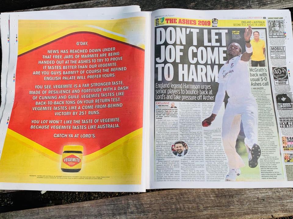 In a strange turn of events, Vegemite has taken out a full page ad in the English press to sledge not only the English cricket team, but anybody who enjoys Marmite as well. Picture: Twitter/@Vegemite