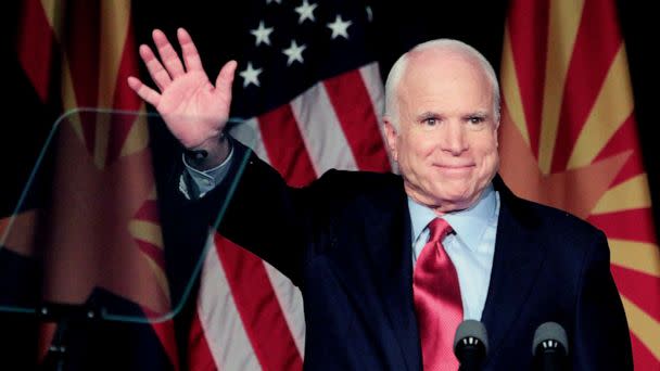 PHOTO: : In this Aug. 24, 2010 file photo Sen. John McCain speaks to a group of supporters at his victory party after winning Arizona''s primary election in Phoenix. (Eric Thayer/Getty Images, FILE)