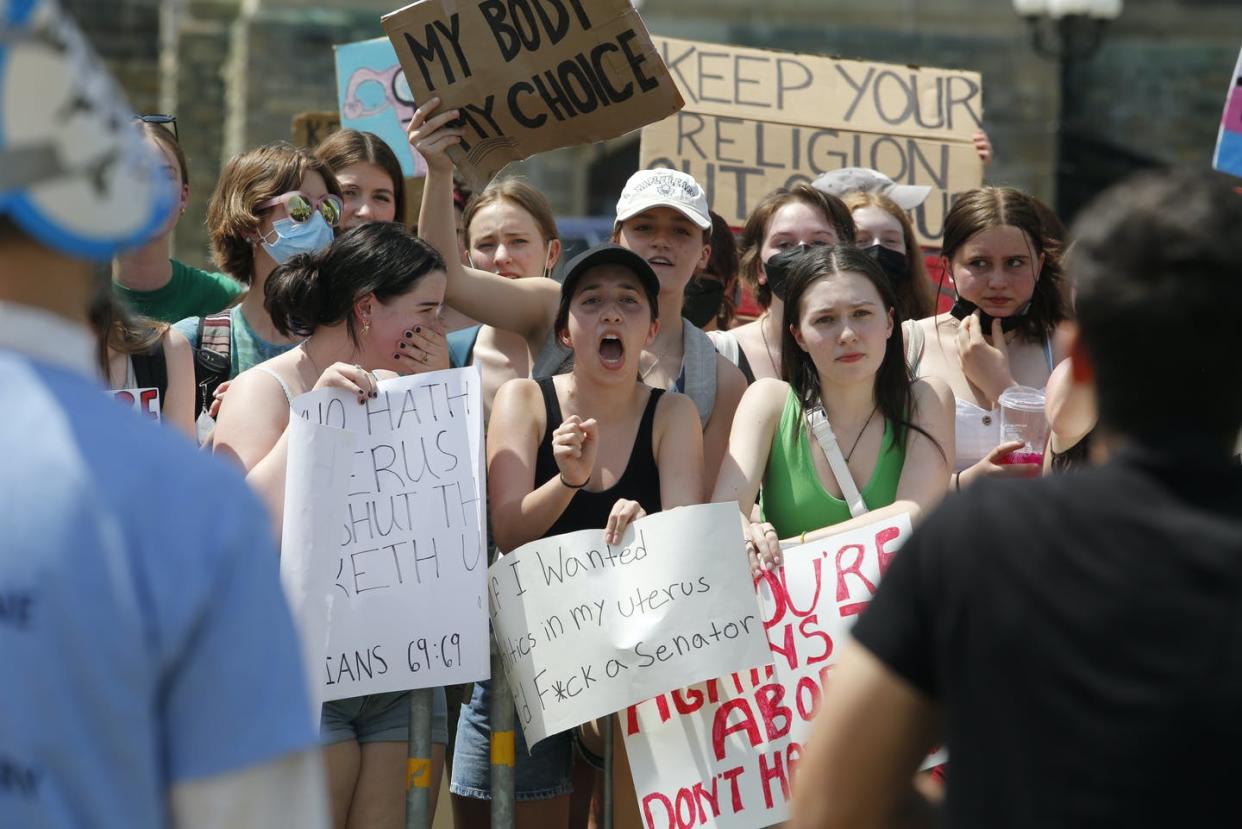 <span class="caption">A protestor shouts at people taking part in the March for Life on Parliament Hill in Ottawa in May, 2022.</span> <span class="attribution"><span class="source"> THE CANADIAN PRESS/ Patrick Doyle</span></span>