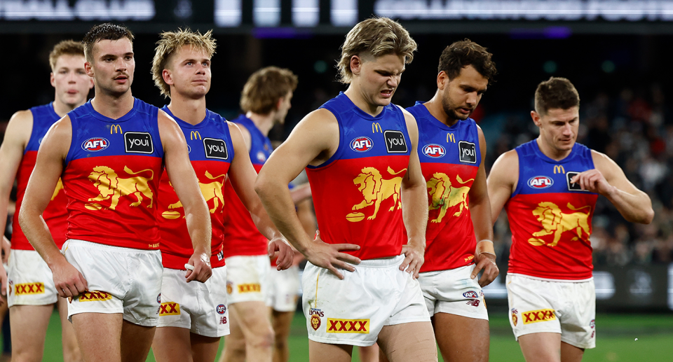 Brisbane Lions players look dejected after their brutal one-point loss to Collingwood. Pic: Getty