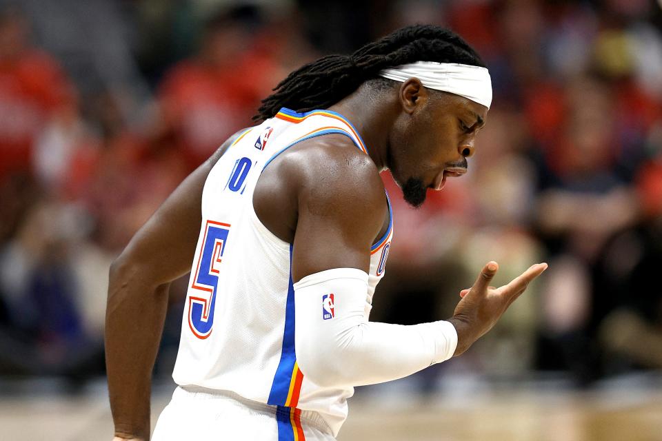 Thunder guard Luguentz Dort celebrates after scoring a 3-pointer during the second quarter of a 106-85 win against the Pelicans on Saturday in Game 3 of the first round of the NBA playoffs.