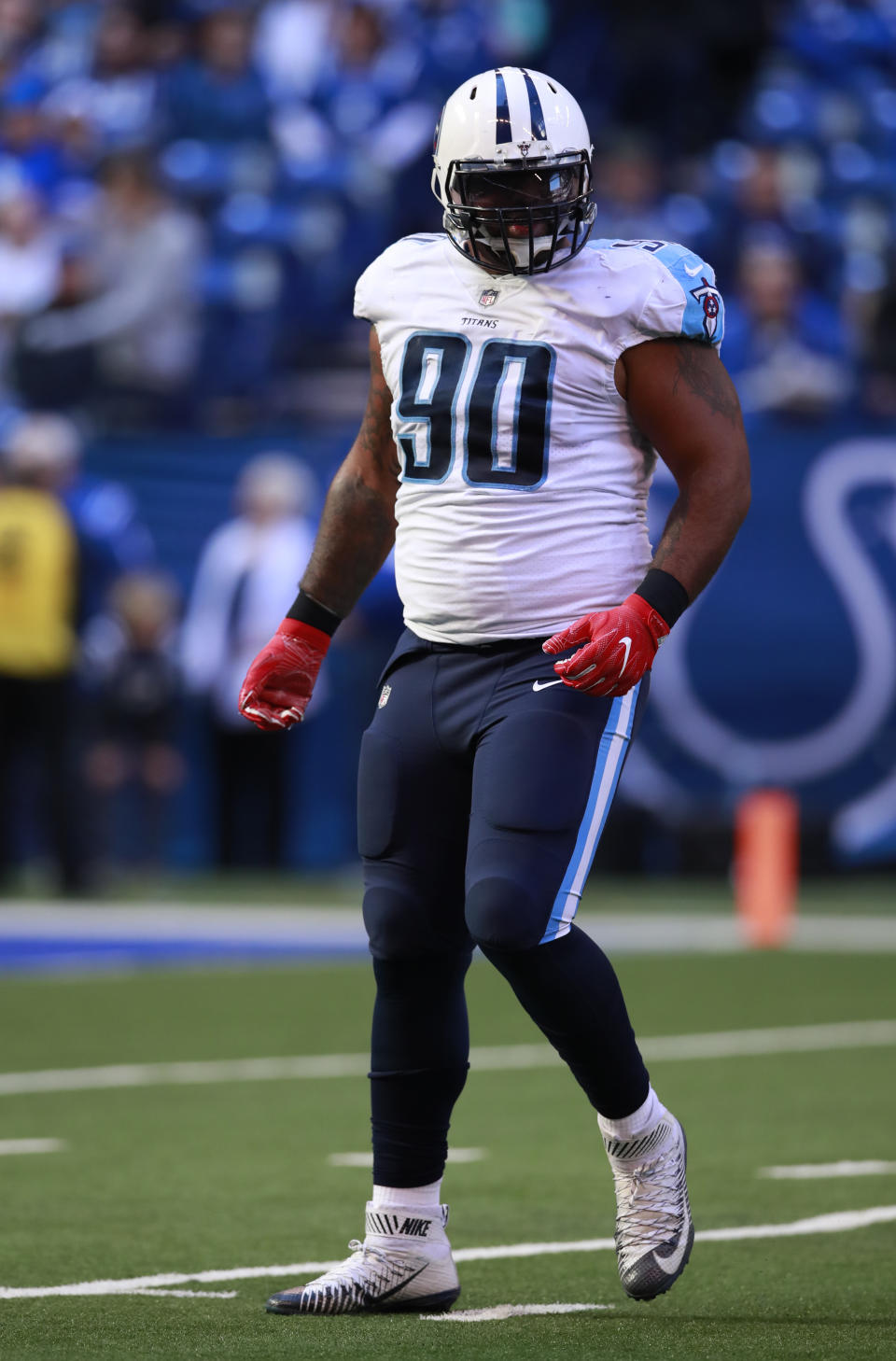 FILE - In this Nov. 26, 2017, file photo, Tennessee Titans defensive end DaQuan Jones (90) celebrates after a sack against the Indianapolis Colts during an NFL football game in Indianapolis. Jeffery Simmons, DaQuan Jones and Harold Landry are ready for the challenge of filling the hole left by Tennessee trading five-time Pro Bowl defensive lineman Jurrell Casey to Denver in March. (AP Photo/Jeff Haynes, File)