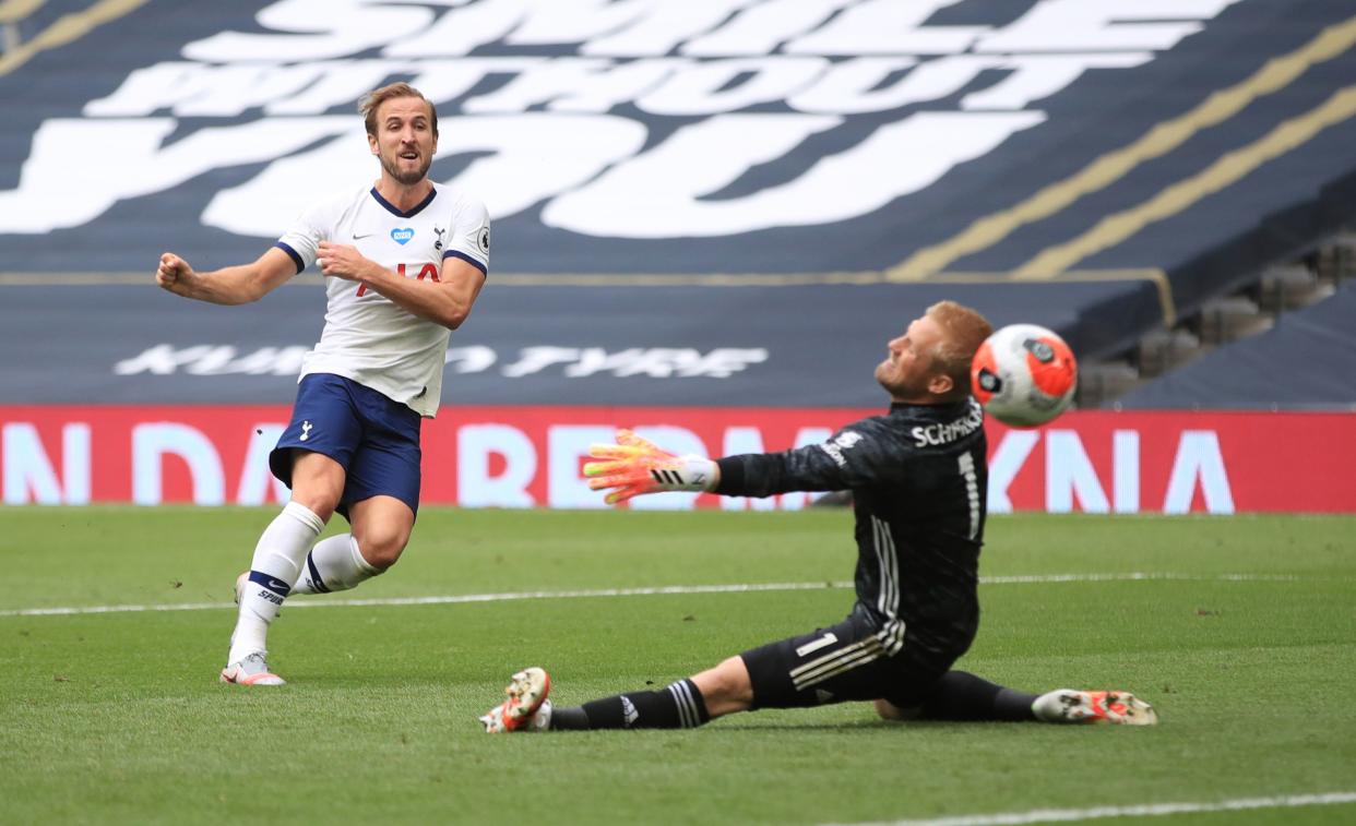 Tottenham Hotspur's Harry Kane scores a goal, which was later disallowed, against Leicester City.