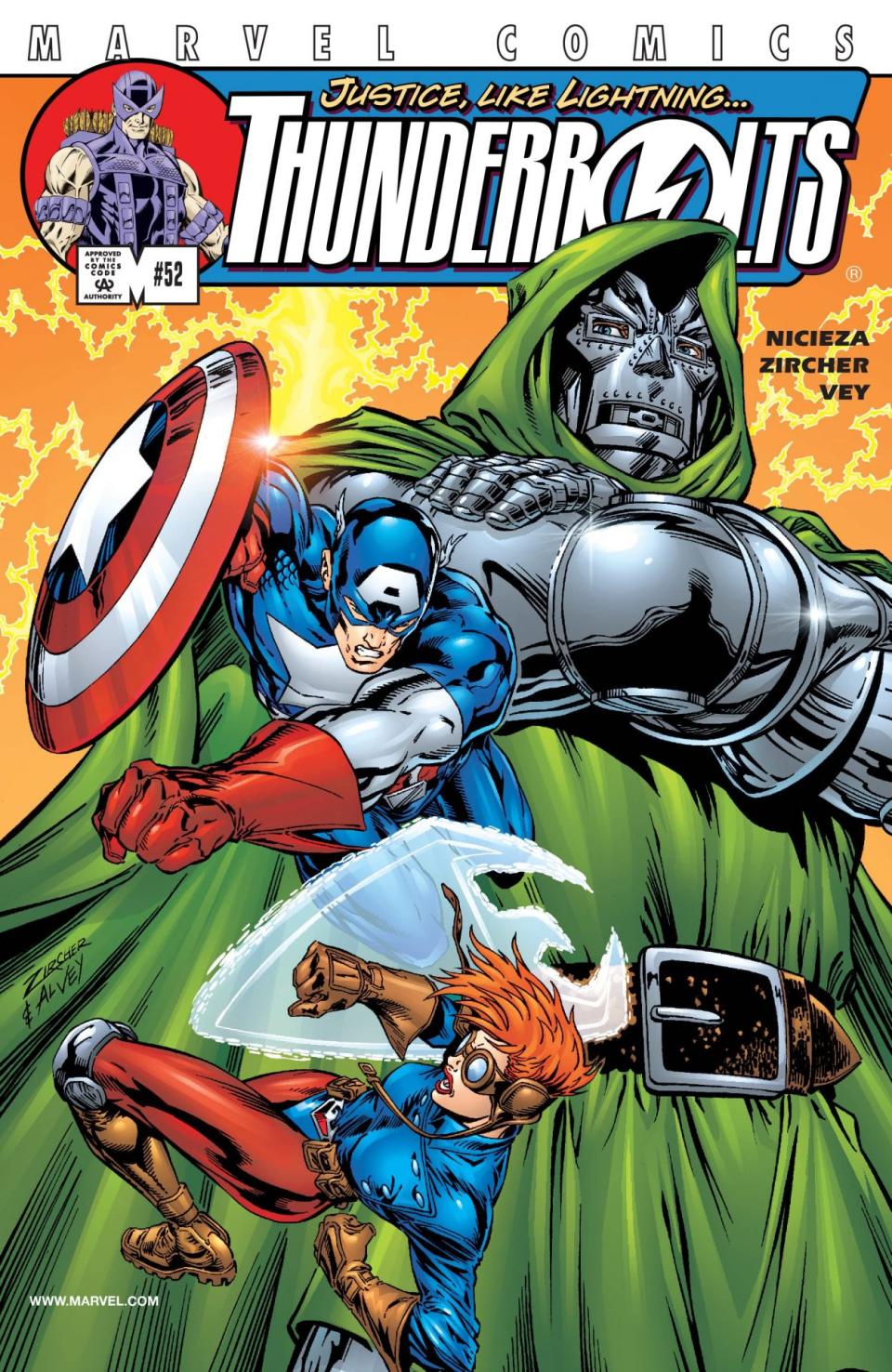 Captain America fights a foe on the cover of Thunderbolts.