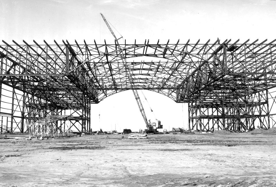 The skeletal frame of a hangar takes shape from this file photo made around 1955 at Abilene Air Force Base.