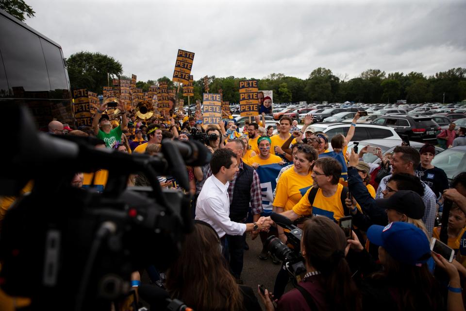 South Bend Indiana Mayor and 2020 Democratic presidential candidate Pete Buttigieg leads his march into the Polk County Democrats Steak Fry in Water Works Park on Saturday, Sept. 21, 2019 in Des Moines.