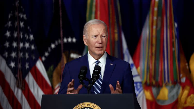 President Joe Biden addresses the crowd at the George E. Wahlen Department of Veterans Affairs Medical Center in Salt Lake City Thursday, Aug. 10, 2023.
