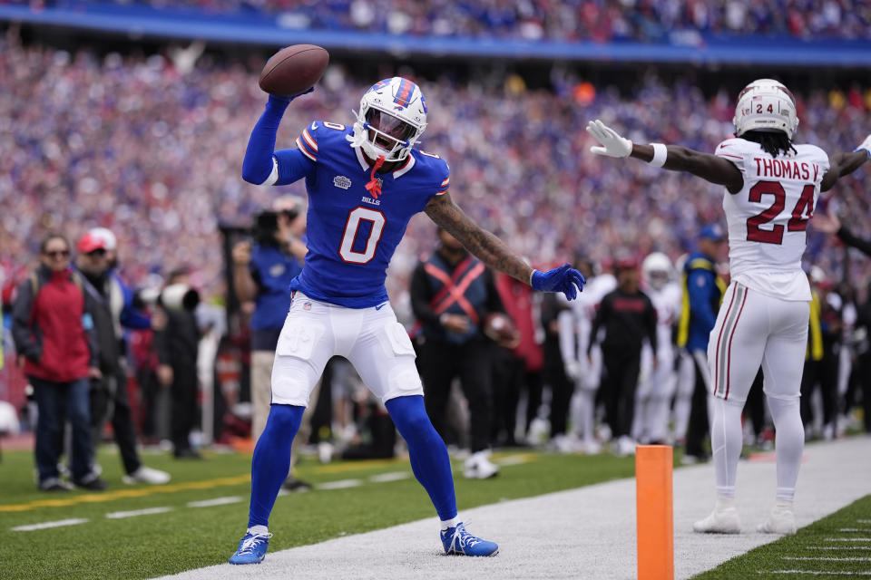 Buffalo Bills wide receiver Keon Coleman (0) celebrates a catch against Arizona Cardinals cornerback Starling Thomas V (24) during the second half of an NFL football game Sunday, Sept. 8, 2024, in Orchard Park, N.Y. (AP Photo/Matt Slocum)