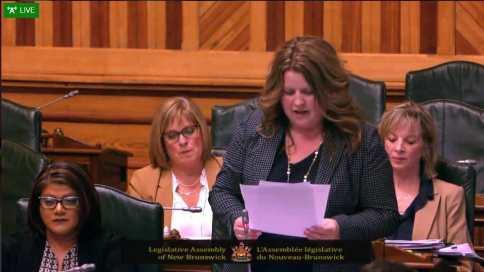 Tourism Minister Tammy Scott-Wallace defends a trip to the U.K. and France during a legislative committee session while her deputy minister Yennah Hurley (left) listens.