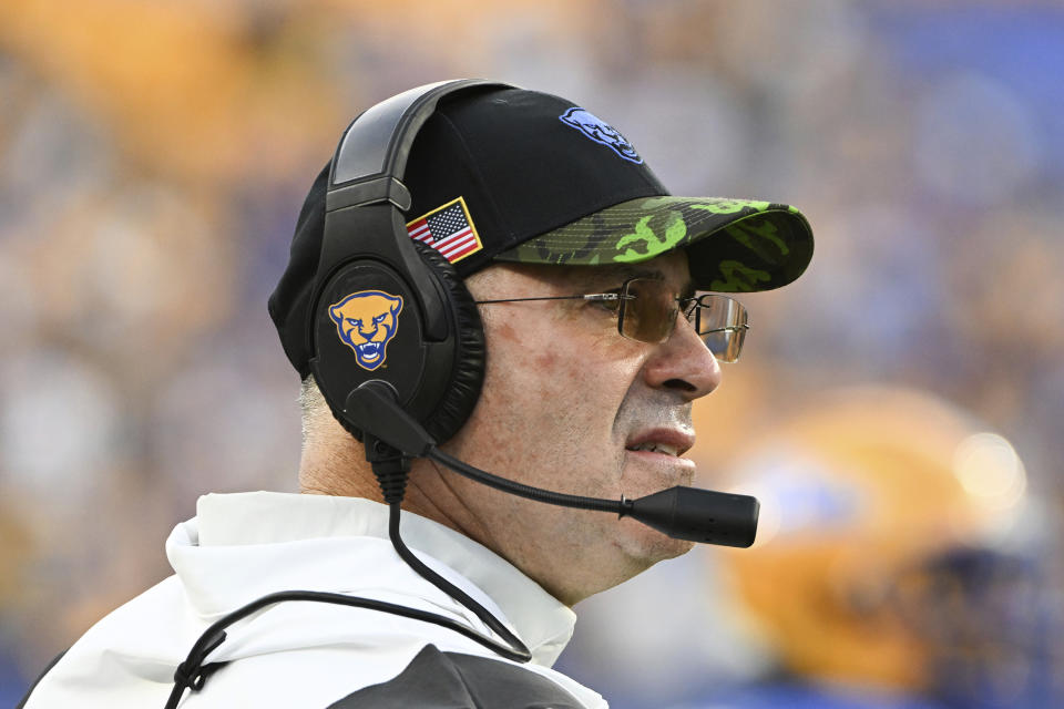 Pittsburgh head coach Pat Narduzzi watches the action during the second half of an NCAA college football game Syracuse, Saturday, Nov. 5, 2022, in Pittsburgh. Pittsburgh won 19-9. (AP Photo/Barry Reeger)