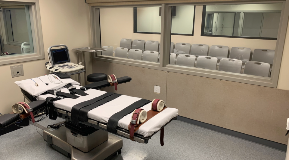 The execution table and witness chairs are shown in this image from a video released by the Oklahoma Corrections Department. The first execution in Oklahoma in more than six years was carried out Oct. 28.
