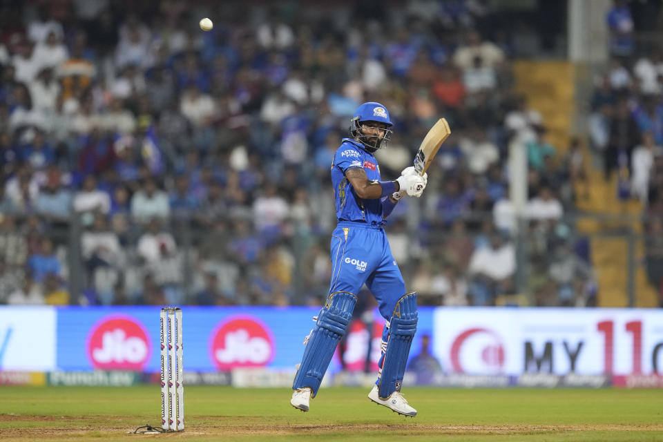 Mumbai Indians' captain Hardik Pandya plays a shot during the Indian Premier League cricket match between Mumbai Indians and Lucknow Super Giants in Mumbai, India, Friday, May 17, 2024.(AP Photo/ Rafiq Maqbool)