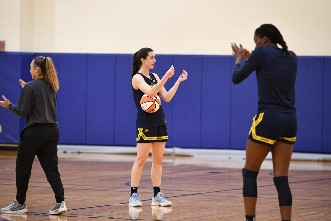 UNCASVILLE, CT – SEPTEMBER 21: Indiana Fever defender Caitlin Clark (22) interacts during the Indiana Fever practice and media presence on September 21, 2024 at the Tribal Practice Facility in Uncasville, CT. (Photo by Erica Denhoff/Icon Sportswire via Getty Images)