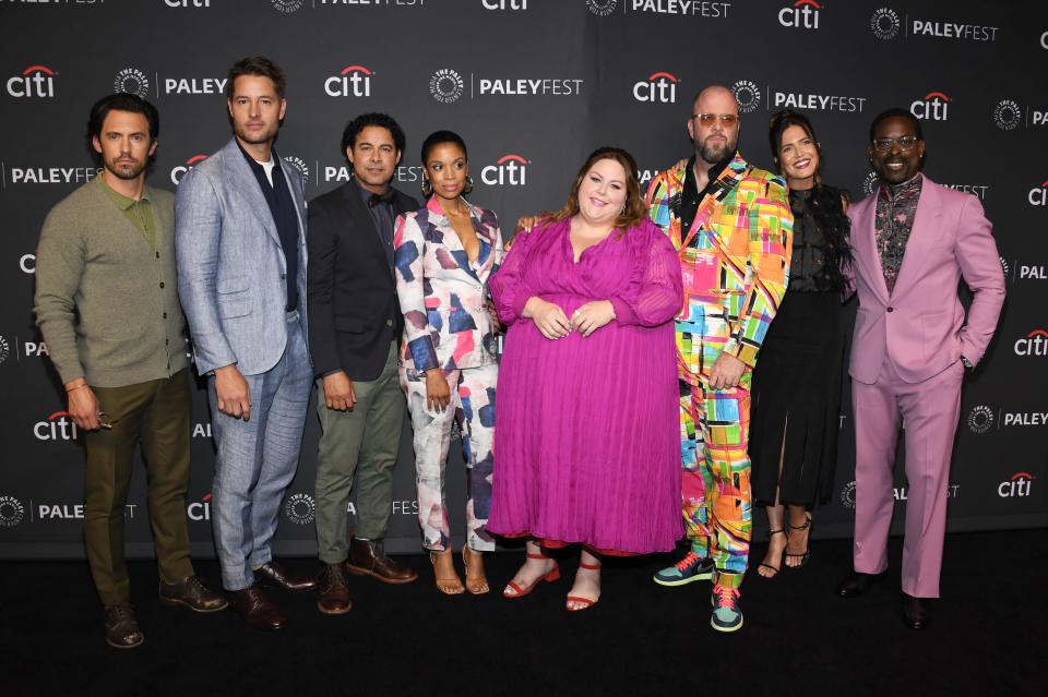 "This is Us" cast on April 02, 2022, in Hollywood, Calif. From left, Milo Ventimiglia, Justin Hartley, Jon Huertas, Susan Kelechi Watson, Chrissy Metz, Chris Sullivan, Mandy Moore and Sterling K. Brown.