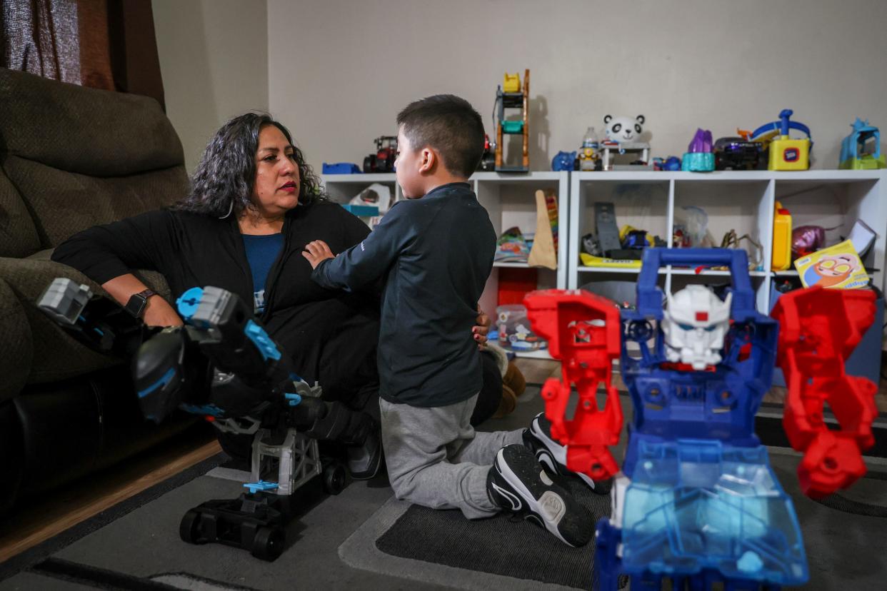 Luz Quevedo spends time with her son, Milan Camarillo, 4, at their home on Friday, Sept. 29, 2023 in Salem, Ore. Camarillo is able to attend preschool because of the Employment Related Day Care program.