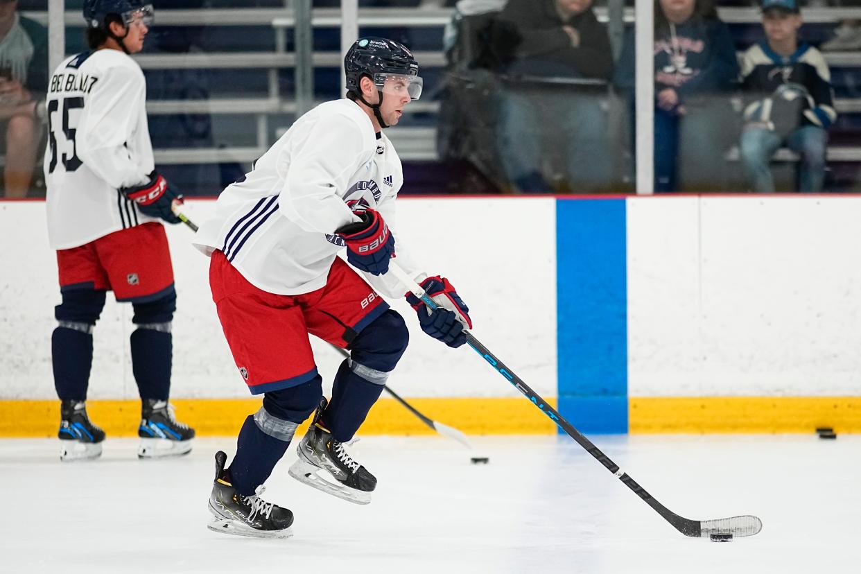 Jul 2, 2023; Columbus, Ohio, USA;  Forward Adam Fantilli (11) skates during the Columbus Blue Jackets development camp at the OhioHealth Chiller North in Lewis Center. 