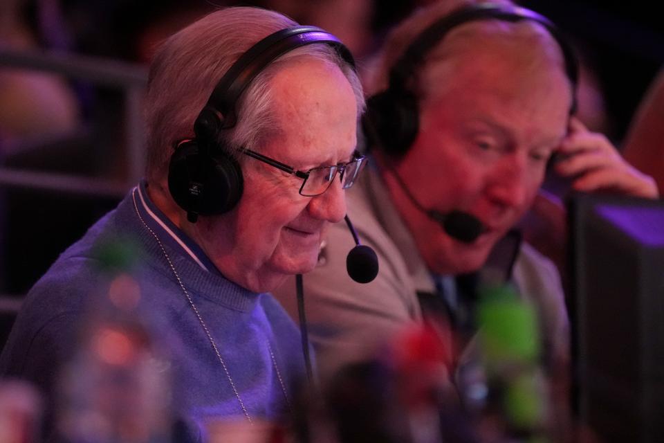 Longtime Phoenix Suns play-by-play announcer Al McCoy prepares for the team's game against the Denver Nuggets at Footprint Center in Phoenix on March 31, 2023. After 51 years as The Voice of The Suns, McCoy plans to retire at the end of this season.