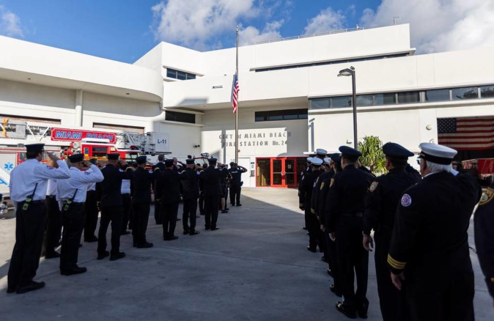 Miami Beach Firefighters attend a September 11, 2001, remembrance ceremony at Fire Station 2 on Monday, Sept. 11, 2023, in Miami Beach, Fla.