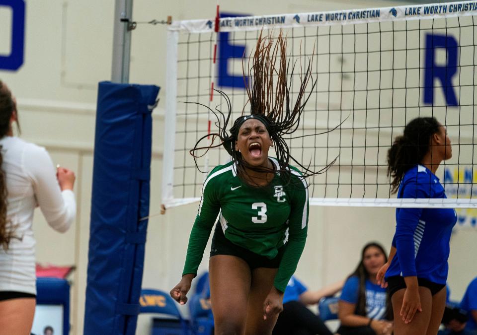 Boca Raton Christian volleyball player Tekoa Barnes celebrates against Lake Worth Christian in Boynton Beach on Sept. 21, 2021.