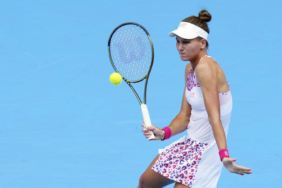 Veronika Kudermetova of Russia returns a shot against Beatriz Haddad Maia of Brazil during a single's quarterfinal match in the Pan Pacific Open tennis tournament at the Ariake Colosseum, Friday, Sept. 23, 2022, in Tokyo. (AP Photo/Eugene Hoshiko)