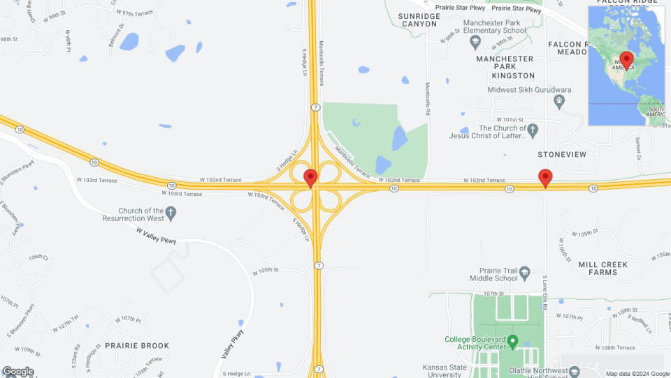 A detailed map that shows the affected road due to 'Drivers cautioned as heavy rain triggers traffic concerns on eastbound K-10 in Olathe' on May 13th at 7:24 a.m.