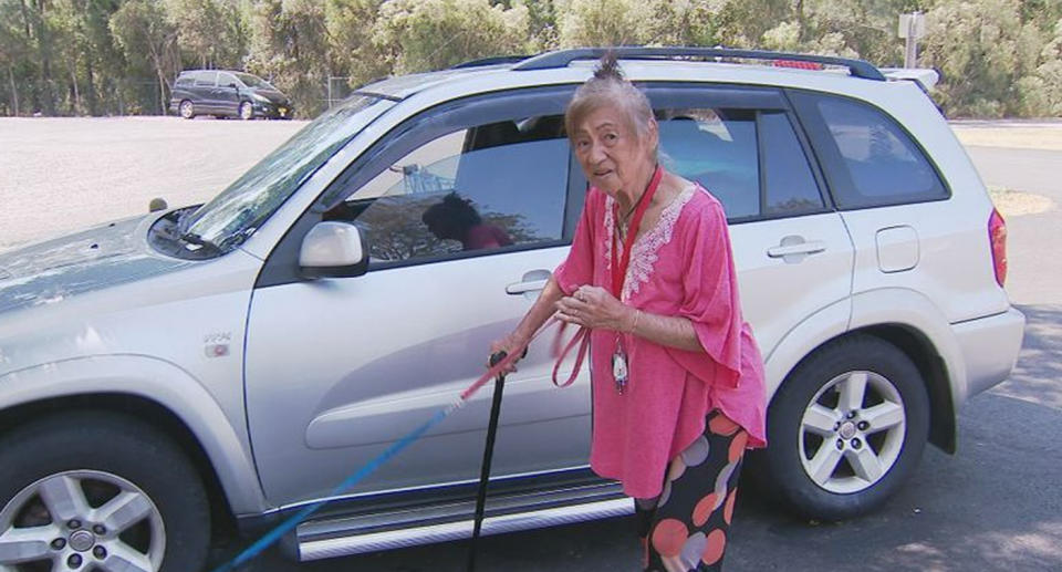 The retiree stands at the side of her car while taking her dog out for a walk. 