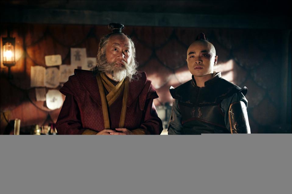 Paul Sun-Hyung Lee as Iroh, Dallas Liu as Prince Zuko in season 1 of Avatar: The Last Airbender.