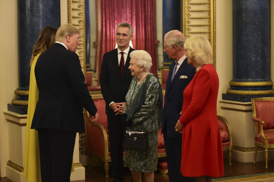 Photo by: KGC-512/STAR MAX/IPx 2019 12/3/19 The Queen, accompanied by other Members of the Royal Family, hosts a reception for NATO leaders, spouses or partners, and delegations, at Buckingham Palace, London, UK, on the 3rd December 2019.