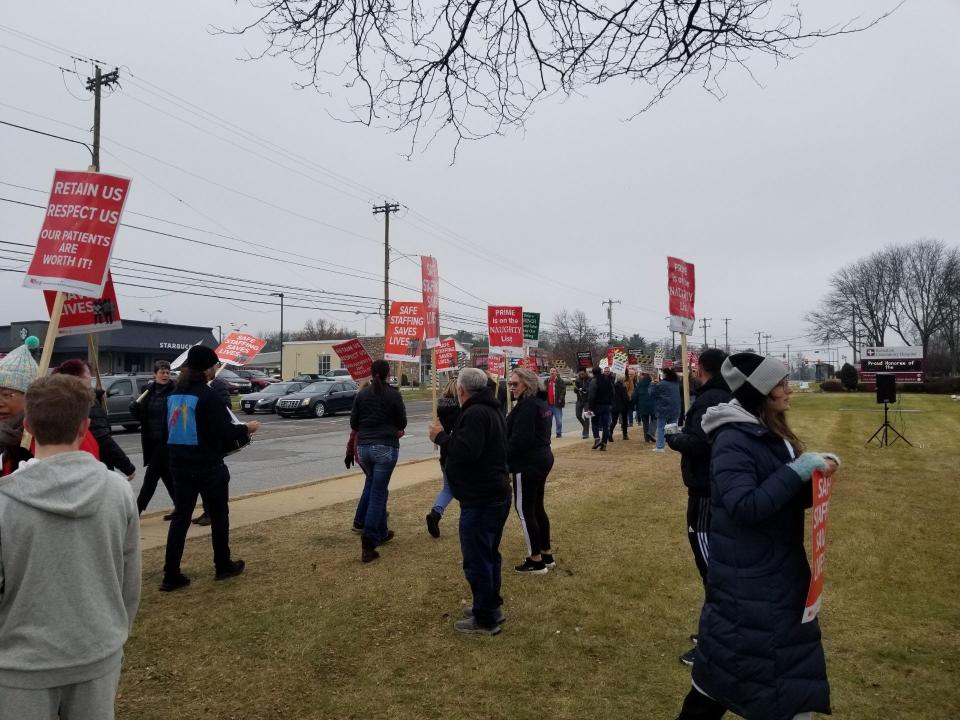 Members of the Pennsylvania Association of Staff Nurses and Allied Professionals (PASNAP) strike outside Suburban Community Hospital in East Norriton Tuesday. The nurses ara also on strike at Lower Bucks Hospital but will return to work Wednesday in both locations.