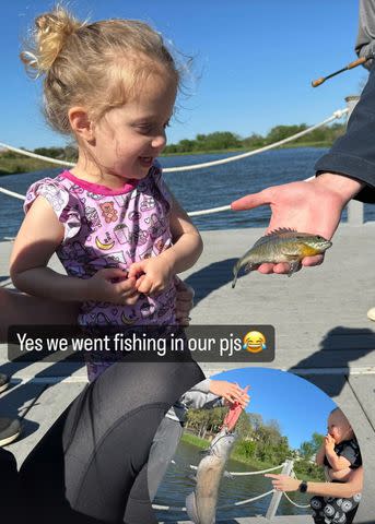 <p>Brittany Mahomes/Instagram</p> Sterling Mahomes and Patrick "Bronze" Lavon III react to seeing a fish.