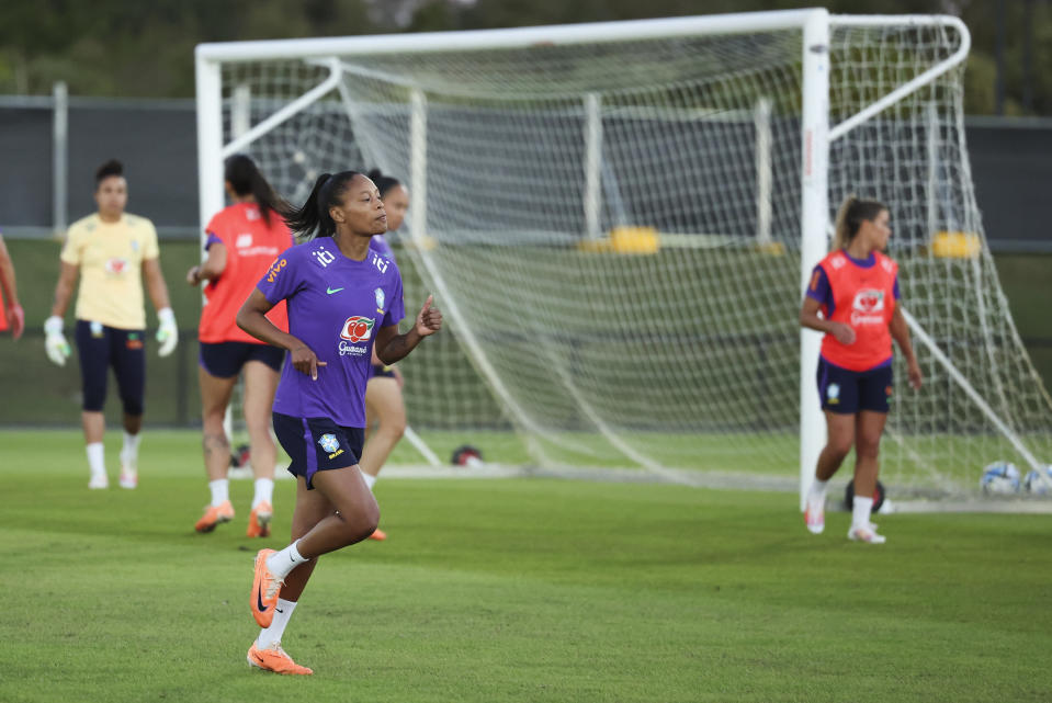 Brazil's Ary Borges, runs during a team training session at the Moreton Bay Central Sports Complex in Brisbane, Australia, Wednesday, July 19, 2023. Borges scored a hat-trick against Panama and is looking to fill the shoes of the retiring Marta for Brazil. (AP Photo/Aisha Schulz)