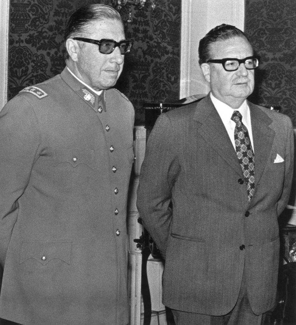 General Augusto Pinochet (L) poses with Chilean president Salvador Allende on Aug. 23,1973 in Santiago, shortly after Allende appointed  him the head of the army and just three weeks before Pinochet led a violent coup during which Allende is believed to have shot himself. The 50th anniversary of the coup is on Monday, Sept. 11, 2023.