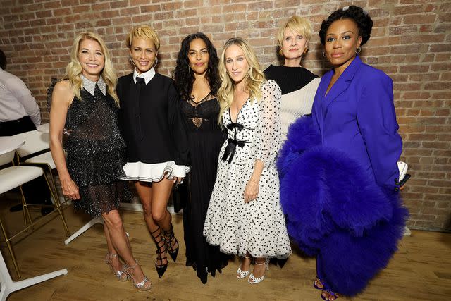 <p>Cindy Ord/Getty Images for Max</p> Candace Bushnell poses with And Just Like That... cast members Nicole Ari Parker, Sarita Choudhury, Sarah Jessica Parker, Cynthia Nixon, and Karen Pittman.