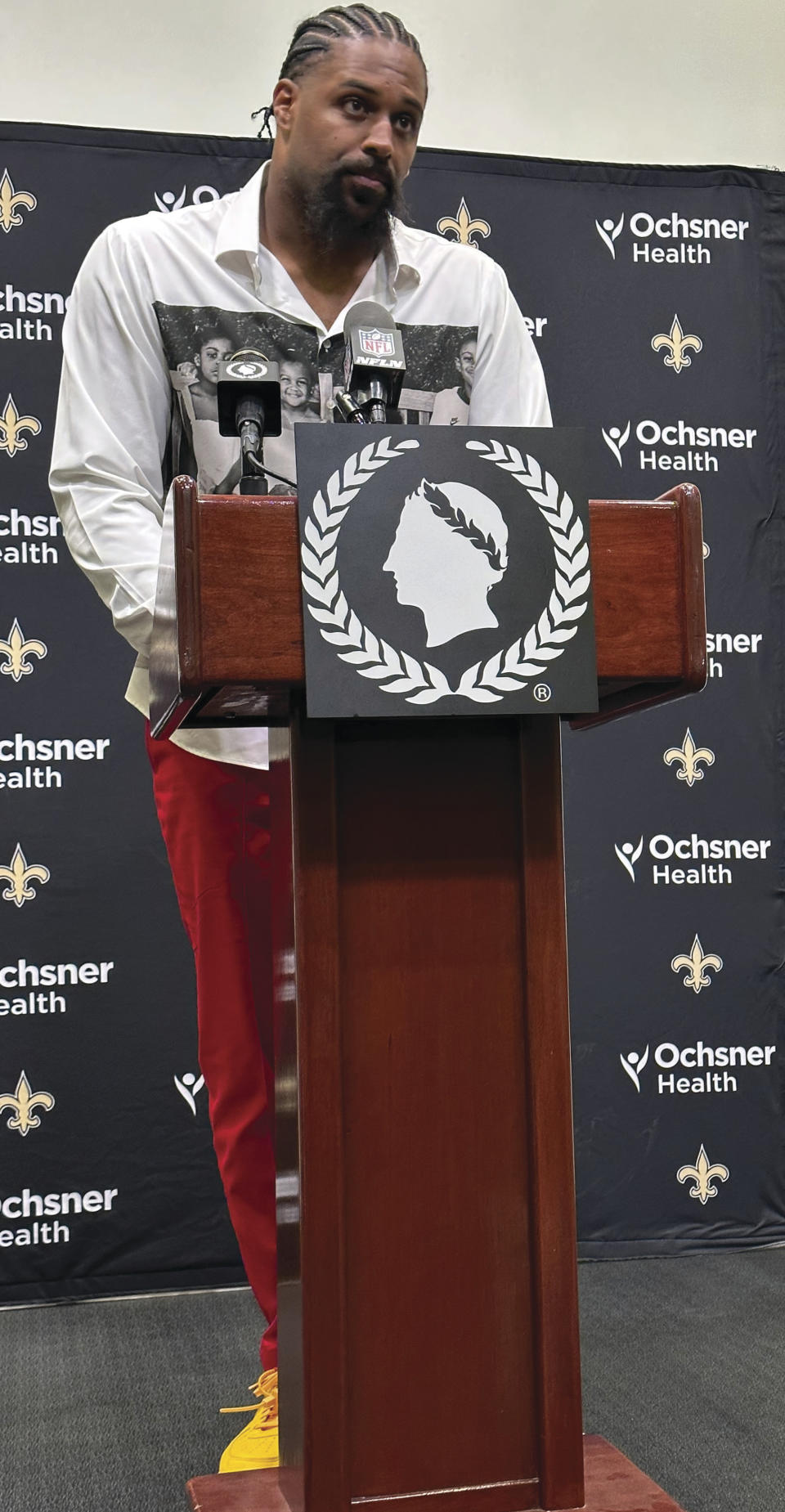 New Orleans Saints Defensive End Cameron Jordan discusses team performance after an NFL football game against Carolina Panthers, Sunday, Jan.8, 2022, in New Orleans. (Hunter Dawkins/The Gazebo Gazette via AP)