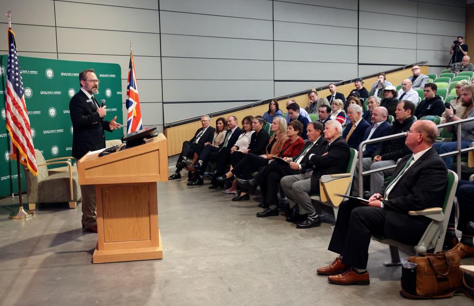 Matthew Brogdon, Utah Valley University Center for Constitutional Studies senior director, speaks before Sen. Mike Lee, R-Utah, and former British Prime Minister Liz Truss talk about “The Importance of the U.S.-U.K. Bilateral Relationship” during a Gary R. Herbert Institute for Public Policy Forum at Utah Valley University in Orem on Tuesday, Feb. 20, 2024. | Kristin Murphy, Deseret News