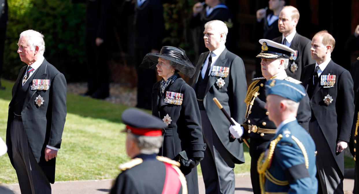 WINDSOR, UNITED KINGDOM - APRIL 17: (EMBARGOED FOR PUBLICATION IN UK NEWSPAPERS UNTIL 24 HOURS AFTER CREATE DATE AND TIME) Prince Charles, Prince of Wales, Princess Anne, Princess Royal, Prince Andrew, Duke of York, Prince William, Duke of Cambridge and Prince Edward, Earl of Wessex attend the funeral of Prince Philip, Duke of Edinburgh at St. George's Chapel, Windsor Castle on April 17, 2021 in Windsor, England. Prince Philip of Greece and Denmark was born 10 June 1921, in Greece. He served in the British Royal Navy and fought in WWII. He married the then Princess Elizabeth on 20 November 1947 and was created Duke of Edinburgh, Earl of Merioneth, and Baron Greenwich by King VI. He served as Prince Consort to Queen Elizabeth II until his death on April 9 2021, months short of his 100th birthday. His funeral takes place today at Windsor Castle with only 30 guests invited due to Coronavirus pandemic restrictions. (Photo by Pool/Max Mumby/Getty Images)