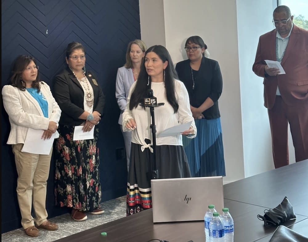 Navajo Nation Attorney General Ethel Branch (center) and other Navajo officials at a Friday press conference announcing Operation Rainbow Bridge.  Arizona Attorney General Kris Mayes (third from left) is pictured, as well.  (Photo: Navajo Nation) 